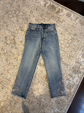 Straight-Leg Embroidered Hem Jeans in Light Blue